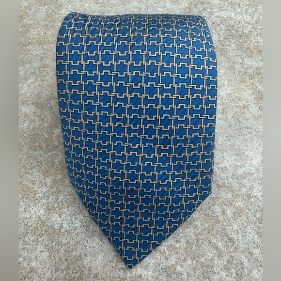 Hermes Silk Blue and Gold Geometric Pattern Tie